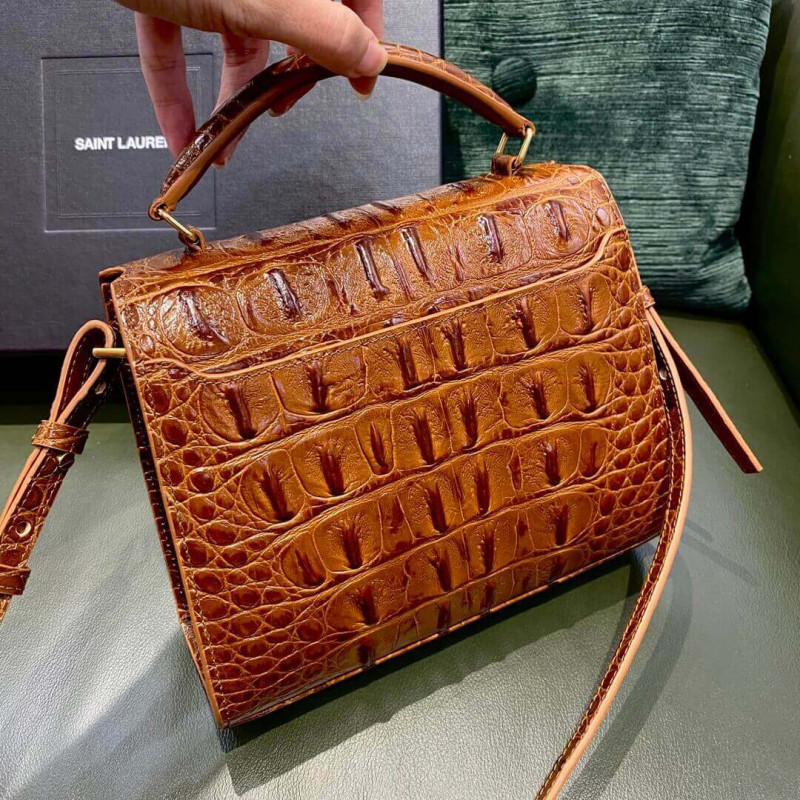 Wholesale Luxury Ysl Saint Laurent Cassandra Mini Top Handle Bag In Caiman Embossed Leather 602716 Brown - Image 5