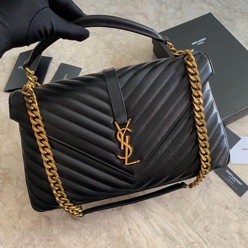Wholesale Luxury Ysl Saint Laurent Sheepskin Matelasse Chevron Monogram Large College Satchel 392738 Black - Image 12