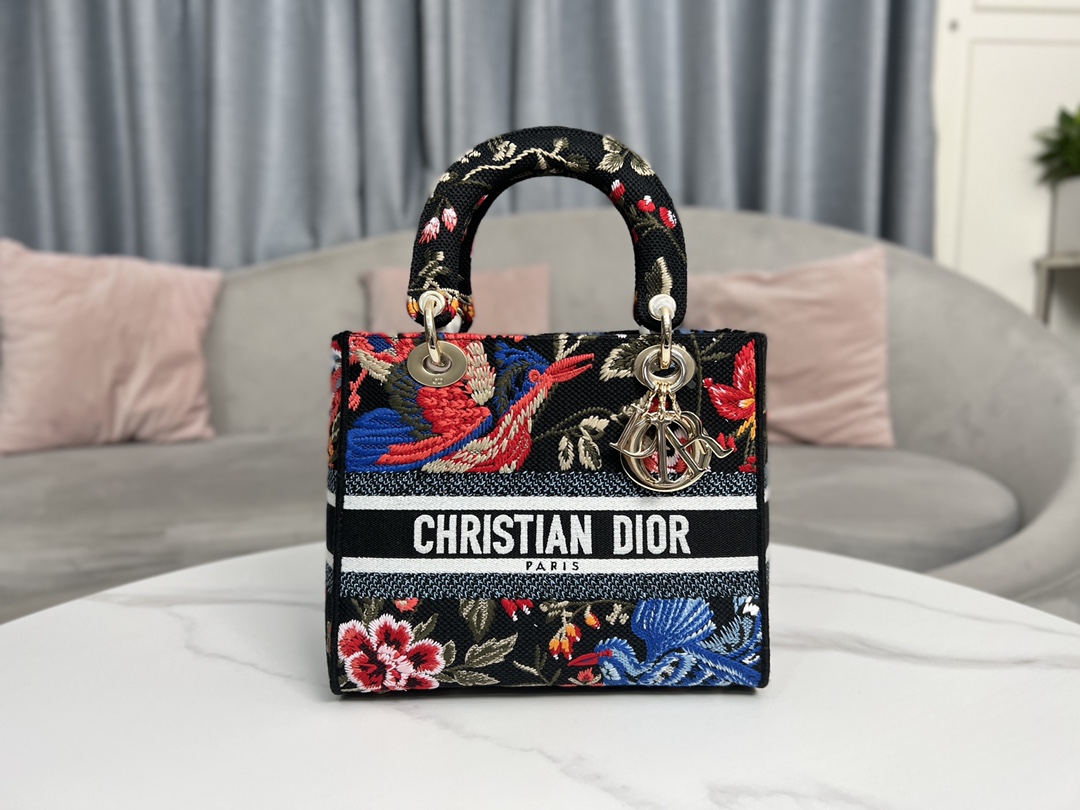 Wholesale Luxury Dior Small Lady D-Lite Bag Black Multicolor Dior Birds Embroidery M0565Oeao_M911