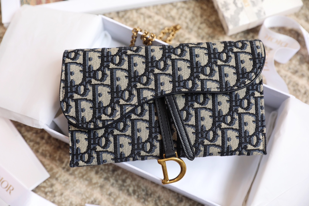 Wholesale Luxury Dior Long Saddle Wallet With Chain Blue Dior Oblique Jacquard S5614Ctzq_M928