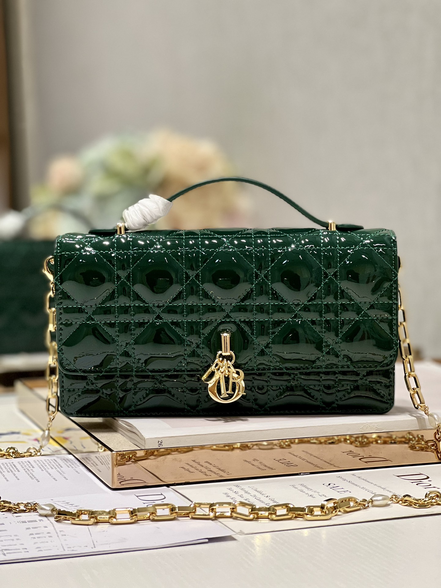 Wholesale Luxury Dior Miss Mini Bag Rose Pine Green Patent Cannage Calfskin